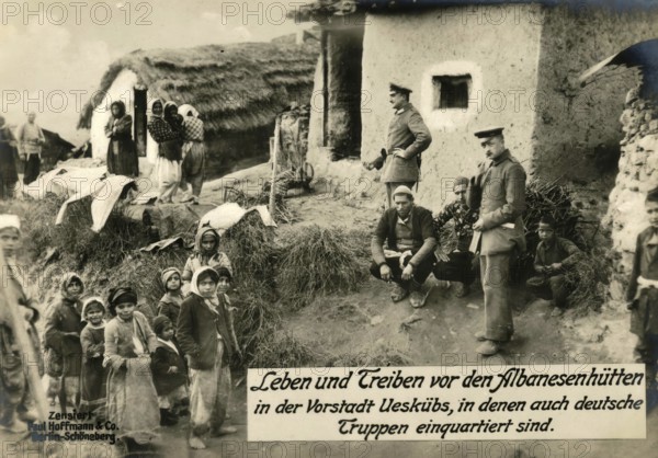 Life and bustle in front of the Albanian huts in the suburb of Ueskübs, where German troops are also quartered, 1914 - 1918, World War I, reproduction of a war postcard