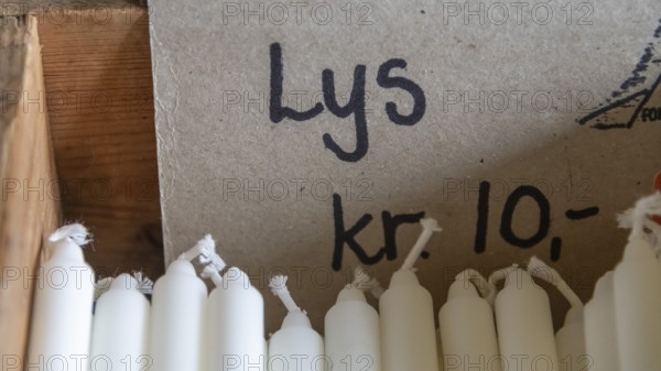 White candles are on sale for 10 kroner, chapel, Fokstugu farm, Fjellstue, pilgrim accommodation, mountain hut, Olavsweg, Olavsleden or Pilgrimsleden, Dovrefjell-Sunndalsfjella National Park, Norway, Europe