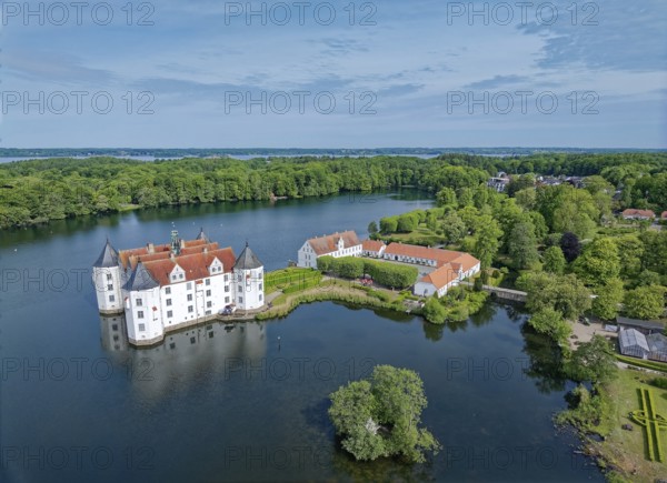 Glücksburg Castle and the castle pond. The lake is part of the Munkbrarupau stream. Aerial view. Glücksburg, Schleswig-Flensburg district, Schleswig-Holstein, Germany, Europe