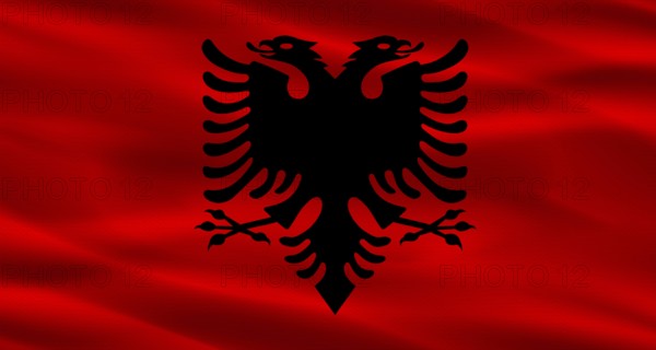Albania flag with fabric texture. Realistic flag of Albania waving