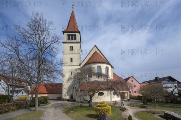 Parish garden of St Stephen's Church, completion of the church building in 1909, Art Nouveau building designed with neo-Romanesque elements, Adelsdorf, Middle Franconia, Bavaria, Germany, Europe