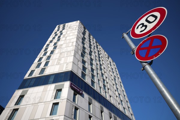 Exterior view Adina Apartment Hotel, Hotel Premier Inn, traffic sign, 30 km/h, traffic-calmed, 30 km/h zone, no stopping zone, Mailänder Platz, Europaviertel, Stuttgart, Baden-Württemberg, Germany, Europe