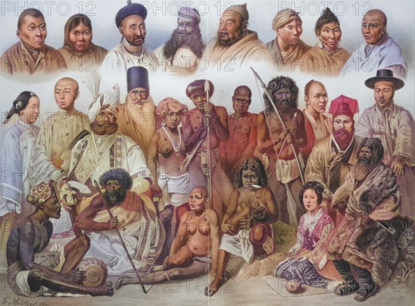 Types of Asian peoples: 1. Jukagire, 2. Ostjakin, 3. Mongol, 4. Rajput, 5. Kirghiz, 6. Tungusin, 7. Yakutin, 8. Tibetan, 9. Chinese, 10. Chinese, 11. Sinhalese, 12. Kashmiri, 13. Persian, 14. Malay, 15. Malay, 16. Toda, 17. Andaman, 18. Andamanese, 19. Wedda, 20. Negrito, 21. Japanese, 22. Japanese woman, 23. man from Liukiu, 24. Korean, 25. Ainu, coloured wood engraving, reproduction of a model from ca 1888, historical, depiction of various people from different cultures in traditional dresses