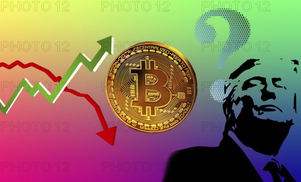 Symbolic image, Trump influence, kleptocracy, price development, Bitcoin questionable due to extreme energy demand, stock market prices, insecure digital currency, resources, energy, industry, economy critical, stock market hype, stock market crash, payment, insolvency, wrong decisions, maximum profit, profit collapse, share prices, Germany as a business location, global economy, globalisation, environmental protection, mafia, Trump government, Bitcoin rally, cryptocurrency, electronic wallet, crypto reserve, stock market trading, gold replacement currency