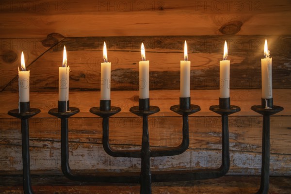 Seven-armed candlestick with burning candles, chapel, Fokstugu farm, Fjellstue, pilgrims' accommodation, mountain hut, Olavsweg, Olavsleden or Pilgrimsleden, Dovrefjell-Sunndalsfjella National Park, Norway, Europe