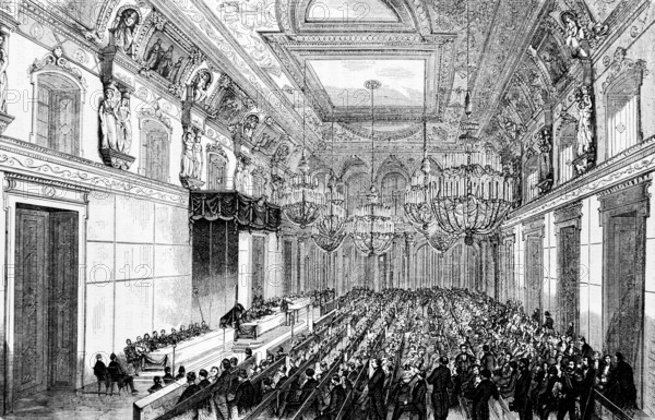 Session of the United Parliament in the White Hall of the Royal Palace in Berlin, splendour, assembly of deputies, rows of seats, opening by King Wilhelm IV, chandeliers, statues, ceiling painting, gallery, stucco, Prussia, historical illustration 1884