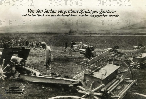 Howitzer battery buried by the Serbs which was dug up again by the Austrians near Ipek, 1914 - 1918, 1st World War, reproduction of a war postcard