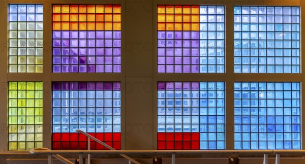 Colourful mosaic glass windows in the foyer of the Berlin State Library, Germany, Europe