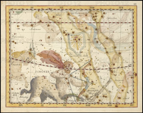 Zodiac sign Sagittarius and the Sobieskian sign, star chart, universe, astrology, horoscope, after Johann Elert Bode (19 January 1747 to 23 November 1826), Prussian astronomer