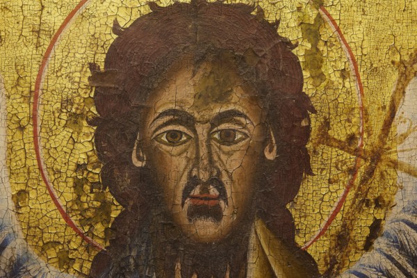 Religious icon of Jesus with gold-coloured background, Museum of Icon Painting, Thari Monastery, Moni Thari, near Gadouras Reservoir, lonely mountain region, Rhodes, Dodecanese, Greek Islands, Greece, Europe