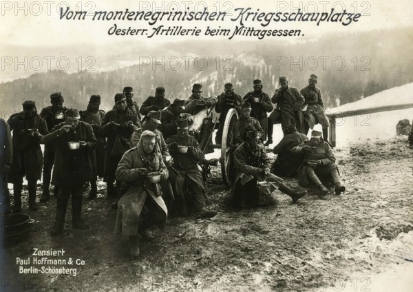 From the Montenegrin theatre of war, Austrian artillery at lunch, 1914 - 1918, World War I, reproduction of a war postcard