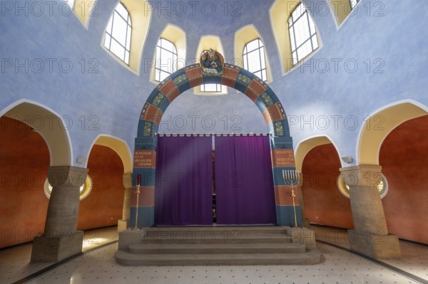 Chancel with Lenten cloth of St Stephen's Church, Art Nouveau building with neo-Romanesque elements, built between 1908 and 1909, Adelsdorf, Middle Franconia, Bavaria, Germany, Europe