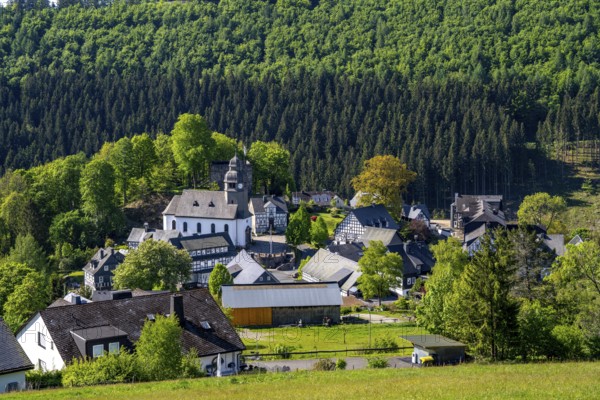 The village of Nordenau, district of Schmallenberg, in the Hochsauerland district, St Hubertus Church, North Rhine-Westphalia, Germany, Europe