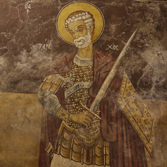Saint with armour and halo, holding a weapon on an old church wall, Monastery Thari, Moni Thari, near Gadouras reservoir, lonely mountain region, Rhodes, Dodecanese, Greek Islands, Greece, Europe