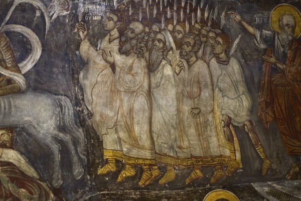 A group of saints in fresco, all in procession, showing religious fervour in medieval art, Easter 2025, Church of the Dormition of the All-Holy God Bear, Kimisis tis Theotokou, Asklipio, Rhodes, Dodecanese, Greek Islands, Greece, Europe
