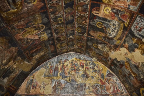 Ceiling frescoes with religious scenes and saints illustrated in golden and dark tones, Easter 2025, Church of the Dormition of the All-Holy God Bear, Kimisis tis Theotokou, Asklipio, Rhodes, Dodecanese, Greek Islands, Greece, Europe