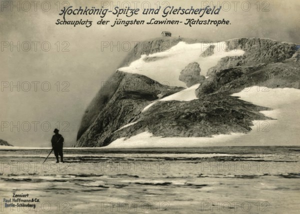 Hochkönig peak and glacier field scene of the most recent avalanche disaster, 1914 - 1918, World War I, reproduction of a wartime postcard