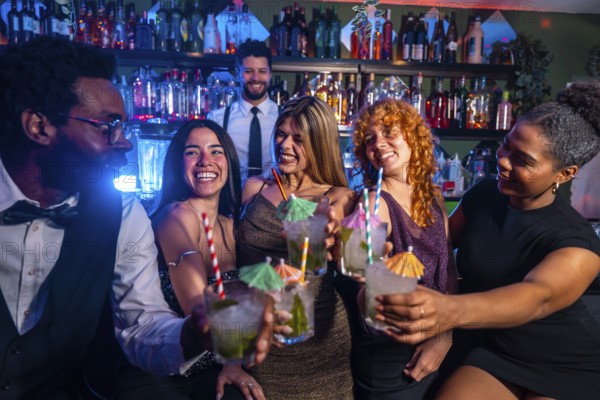 Cheerful multi ethnic friends raising cocktail glasses for a celebratory toast in a nightclub, enjoying nightlife with bartender in background