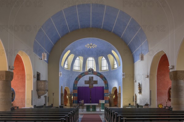 Interior with Lenten cloth in front of the altar in the church of St Stephanus, Art Nouveau building with neo-Romanesque elements, built between 1908 and 1909, Adelsdorf, Middle Franconia, Bavaria, Germany, Europe