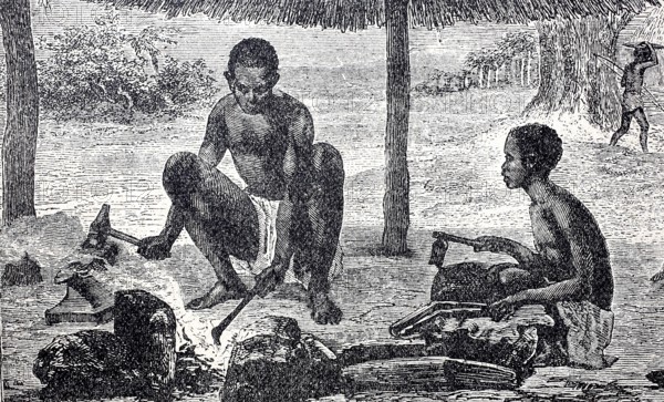 Native blacksmiths from the area around Lake Chilwa in present-day Malawi, around 1800, after Dr Livingstone, digitally enhanced reproduction of a 19th century model, historical