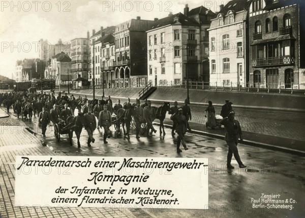 Parade march of an infantry machine gun company in Weduyne, a Flemish coastal town, 1914 - 1918, 1st World War, reproduction of a war postcard
