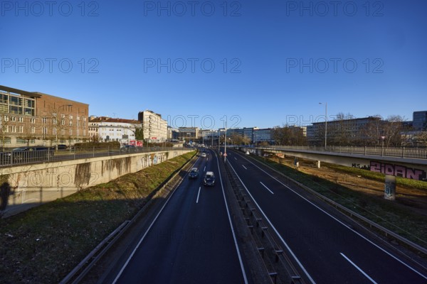 General architecture, blue sky, cloudless, motorway A620, Saarbrücken, state capital, regional association Saarbrücken, Saarland, Germany, Europe
