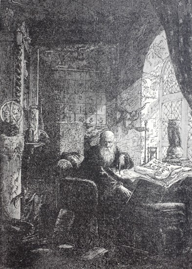 Alchemist in his laboratory, around 1800, digitally enhanced reproduction of a 19th century model, historical