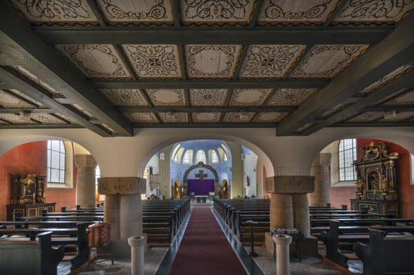Interior with chancel of St Stephen's Church, Art Nouveau building with neo-Romanesque elements, built between 1908 and 1909, Adelsdorf, Middle Franconia, Bavaria, Germany, Europe