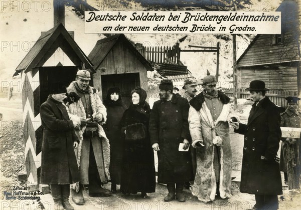 German soldiers collecting bridge money at the new German bridge in Grodno, 1914 - 1918, World War I, reproduction of a war postcard