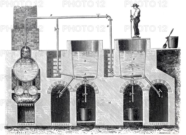 Worker on a soap boiler boiling soap with steam, around 1850, France, digitally enhanced reproduction of a 19th century model, historical, Europe