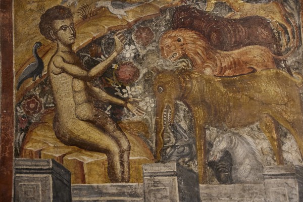 Fresco depicting Adam surrounded by animals in a lively and mystical setting, Easter 2025, Church of the Dormition of the All-Holy God Bear, Kimisis tis Theotokou, Asklipio, Rhodes, Dodecanese, Greek Islands, Greece, Europe