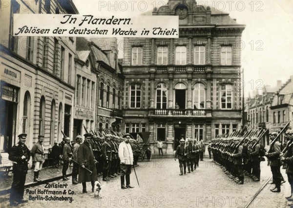 In Flanders. Relieving the German guard in Thielt, 1914 - 1918, World War I, reproduction of a war postcard