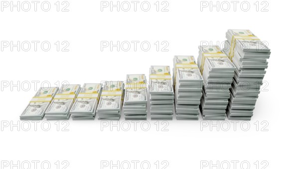 Rising stacks of money representing financial growth and wealth increase isolated on a white background