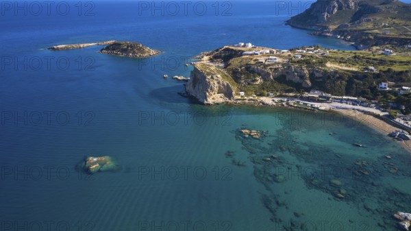 Aerial view of a blue sea with visible cliffs and islands, Stegna Beach, Stegna viewpoint, Stegna, east coast, Rhodes, Dodecanese, Greek Islands, Greece, Europe