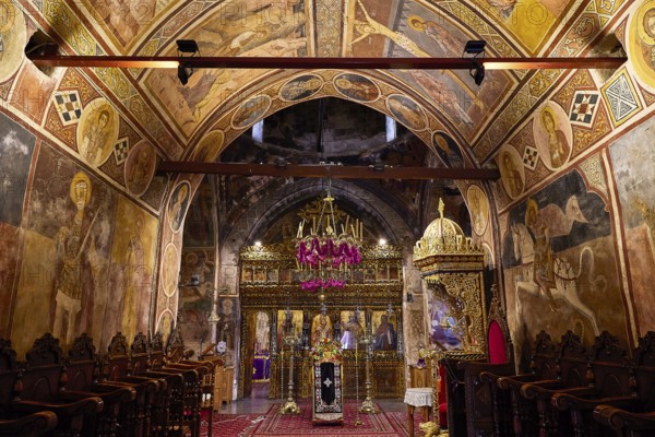Ornamental church interior with frescoes and a magnificent iconostasis, monastery, Moni Thari, near Gadouras reservoir, lonely mountain region, Rhodes, Dodecanese, Greek Islands, Greece, Europe