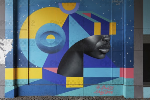 Realistic face with VR glasses made of geometric shapes, 3D portrait, mural by street artist SKIO, Düsseldorf, North Rhine-Westphalia, Germany, Europe