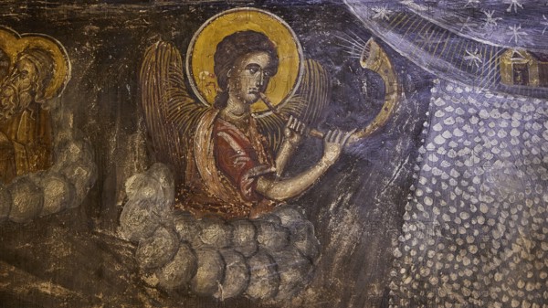 An angel in fresco playing a trumpet sits in clouds under a sparkling night sky, Easter 2025, Church of the Dormition of the All-Holy God Bear, Kimisis tis Theotokou, Asklipio, Rhodes, Dodecanese, Greek Islands, Greece, Europe