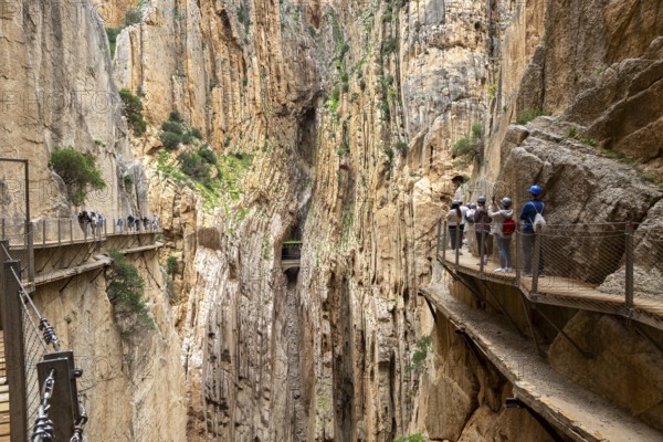 People with helmets walking along the Caminito del Rey in an impressive rocky landscape, Malaga, Spain, Europe