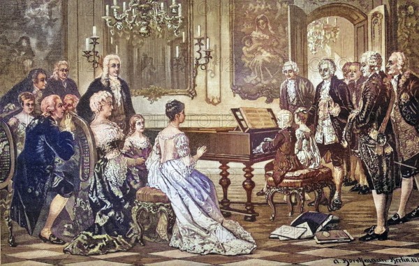 Mozart and his sister playing in front of Empress Maria Theresa, coloured wood engraving, reproduction of a model from ca 1888, Historical, A young girl plays the piano in front of an elegant audience in a rococo salon