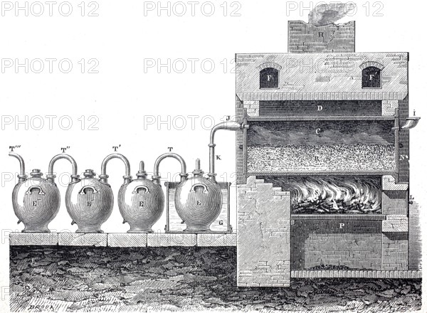Furnace for the production of hydrochloric acid as a by-product of soda production, around 1850, France, digitally improved reproduction of a 19th century model, historical, Europe