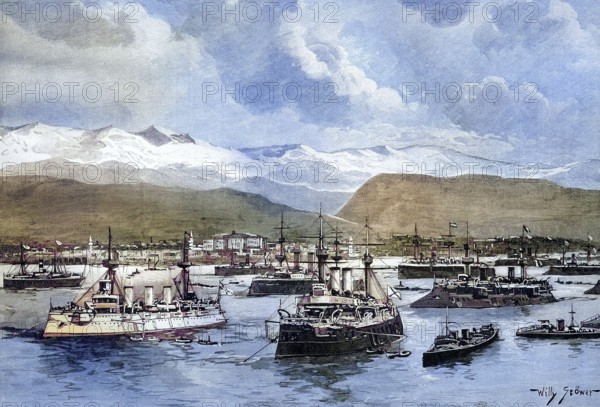 The Fleet of the Great Powers off Kanea, today Chania, Crete, Greece, coloured wood engraving, reproduction from a model from ca 1888, historical, panorama of a harbour town with ships, surrounded by mountains and clouds, Europe