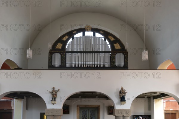 Organ loft of St Stephen's Church, Art Nouveau building designed with neo-Romanesque components, built between 1908 and 1909, Adelsdorf, Middle Franconia, Bavaria, Germany, Europe