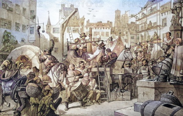 On the Marienplatz in Munich, Bavaria, Germany, at the end of the 15th century, coloured wood engraving, reproduction from a model from ca. 1888, Historical, Lively medieval city life with musicians and procession through narrow streets, Europe