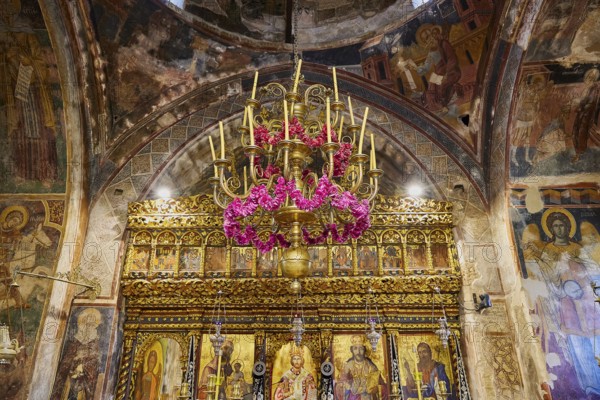Magnificent interior of a church with golden details and frescoes, monastery, Moni Thari, near Gadouras reservoir, lonely mountain region, Rhodes, Dodecanese, Greek Islands, Greece, Europe