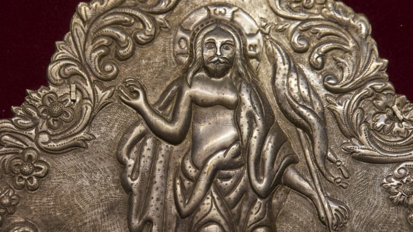 Silver engraved image of a saint with elaborate ornaments, Museum of Icon Painting, Thari Monastery, Moni Thari, near Gadouras Reservoir, lonely mountain region, Rhodes, Dodecanese, Greek Islands, Greece, Europe
