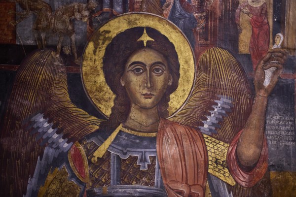 Fresco of an angel with golden halo and wings in Orthodox style, Easter 2025, Church of the Dormition of the All-Holy God Bear, Kimisis tis Theotokou, Asklipio, Rhodes, Dodecanese, Greek Islands, Greece, Europe