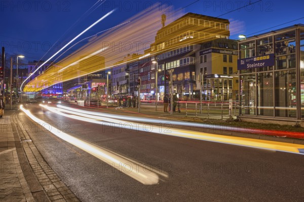 Steintor underground station, bus stop, public bus, general architecture, lanterns, spotlights, traces of light, blue evening sky, evening blue hour, Münzstraße, Hanover, state capital, Hanover region, Lower Saxony, Germany, Europe