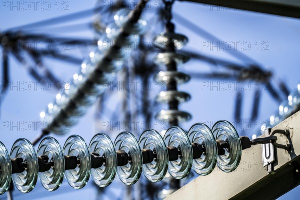 Transformer station, from Westnetz, here different voltage levels of electric current are connected, made usable for the consumer, glass insulators, electrical insulation and mechanical support for overhead lines, Essen, North Rhine-Westphalia, Germany, Europe