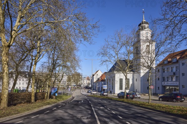 Friedenskirche Saarbrücken, bare trees, apartment buildings, street, blue sky, cloudless, Eisenbahnstraße, Saarbrücken, state capital, Regionalverband Saarbrücken, Saarland, Germany, Europe