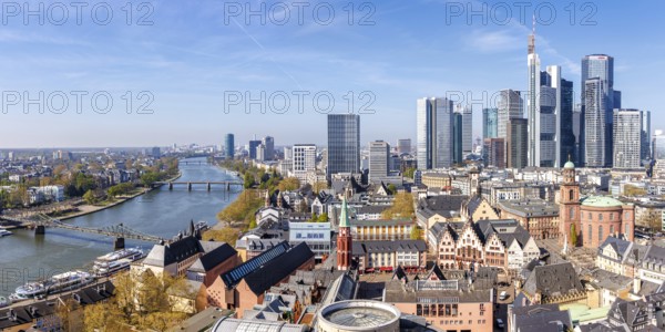 Frankfurt skyline skyscrapers in the city centre with Römer and river Main panorama from above in Frankfurt, Germany, Europe